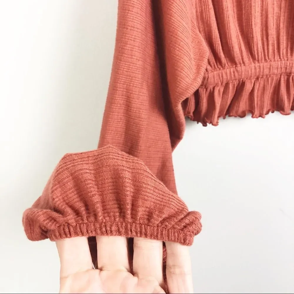 FREE PEOPLE BEACH | Rust Orange Peasant Long Sleeve Cropped Top Women’s Size S